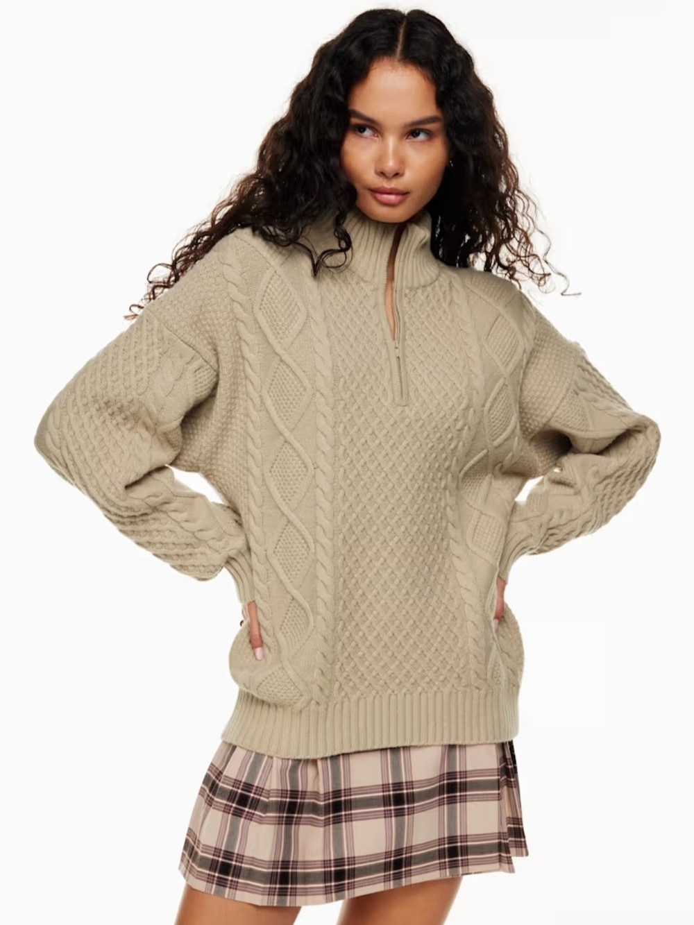 Aritzia Heritage Knit Merino Wool 1/4 Zip Cable Sweater Size L